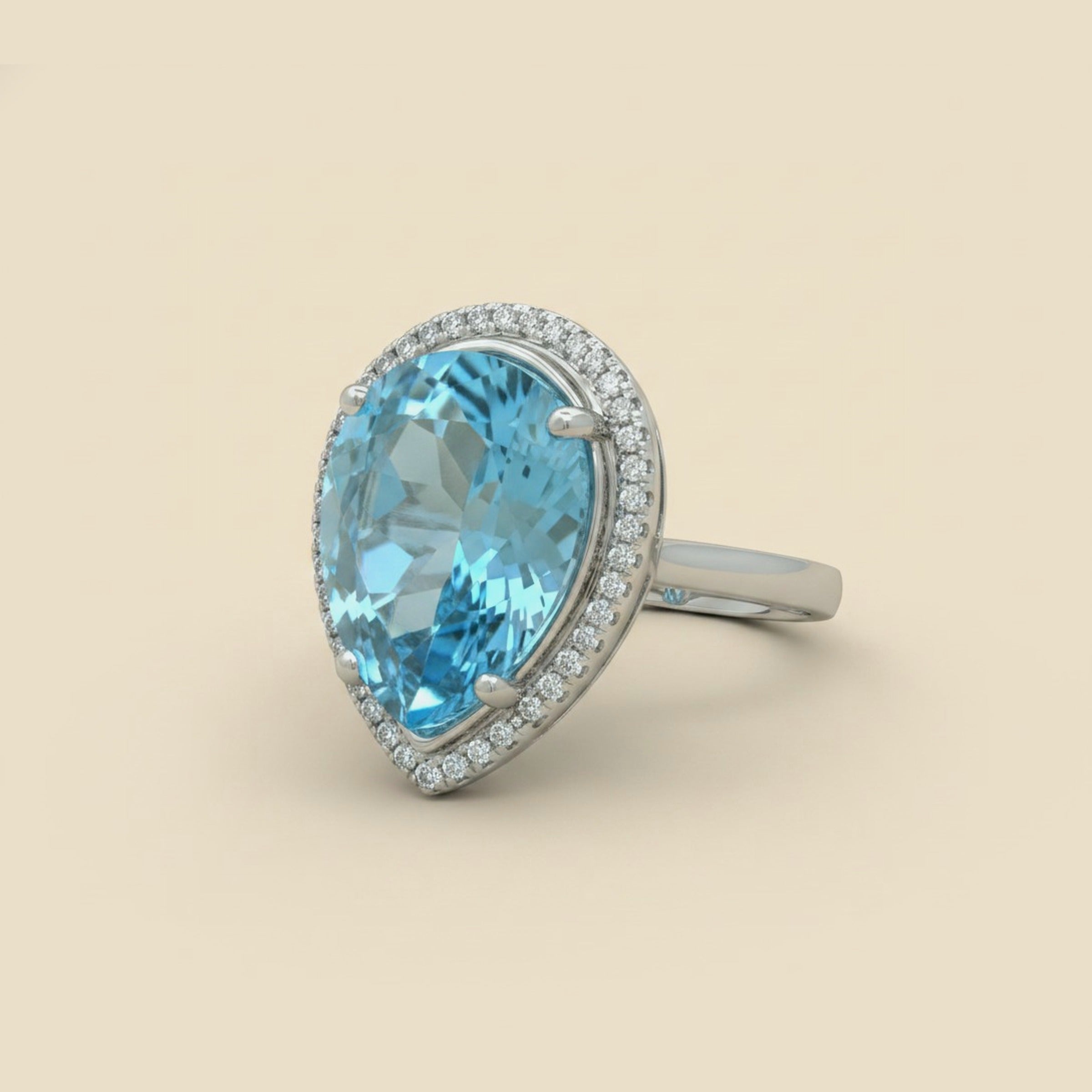 14K WHITE GOLD DIAMOND HALO BLUE TOPAZ RING
