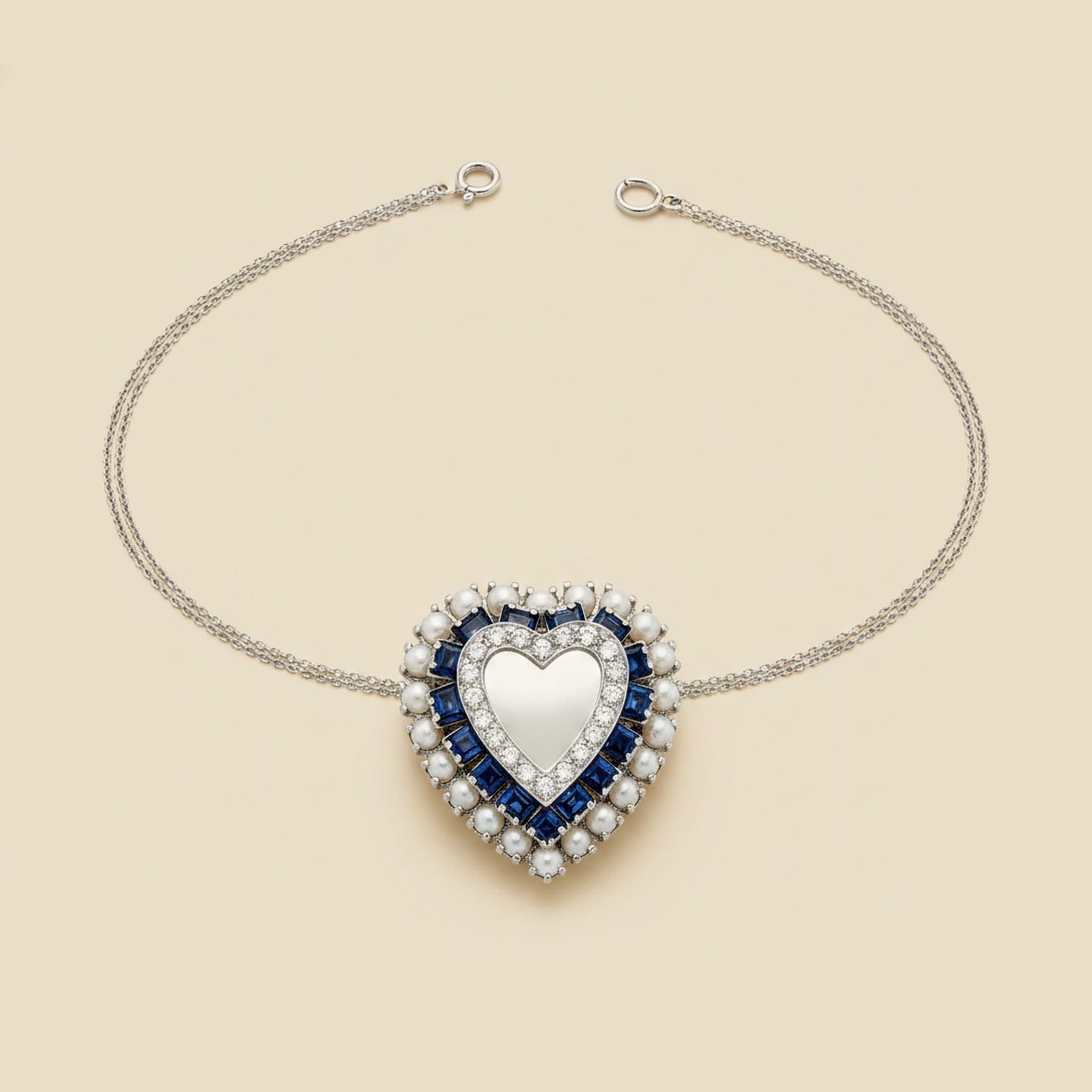 14K White Gold Pearl, Sapphire, And Diamond Pendant/Pin Heart Necklace