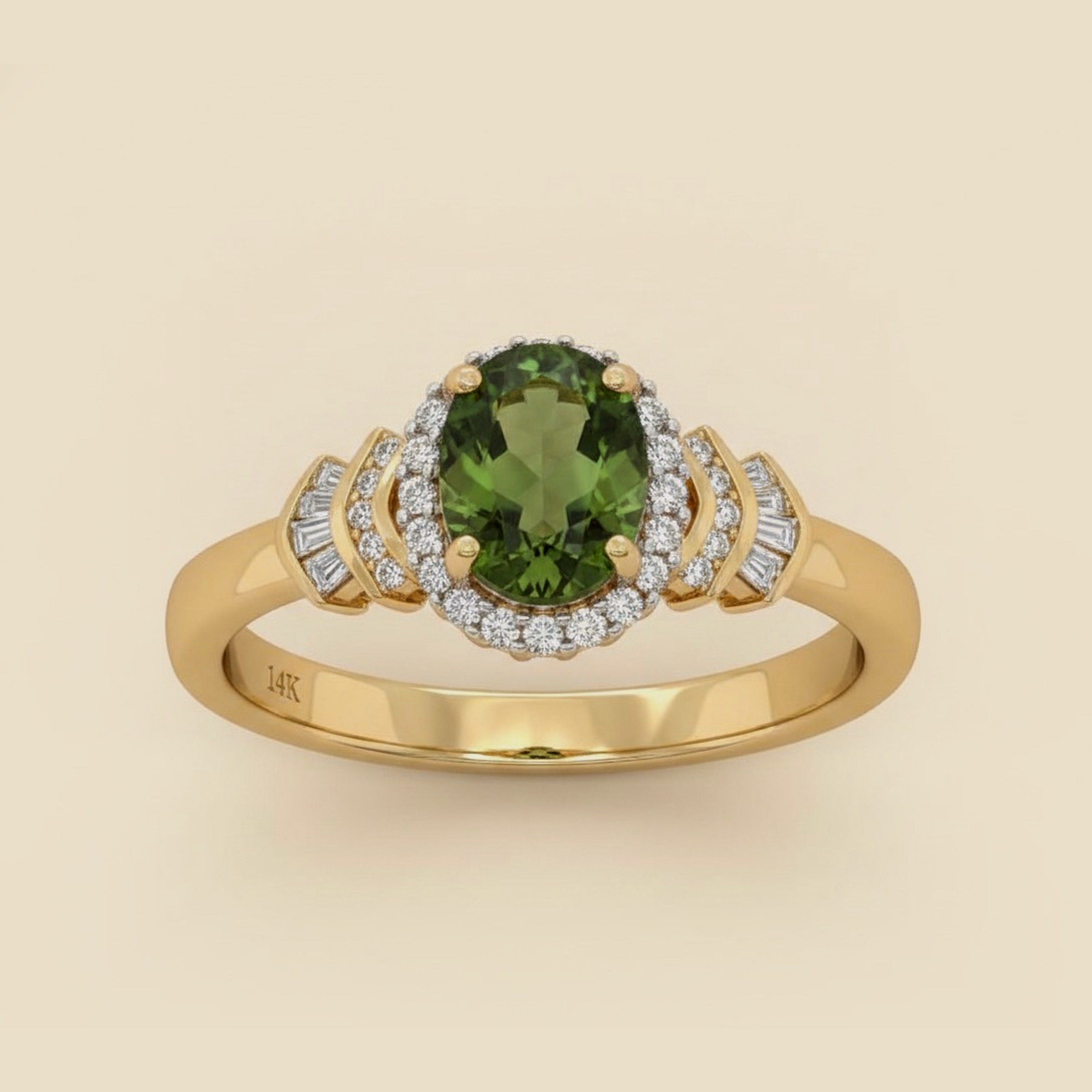 14k Yellow Gold Green Tourmaline & Diamond Cocktail Ring