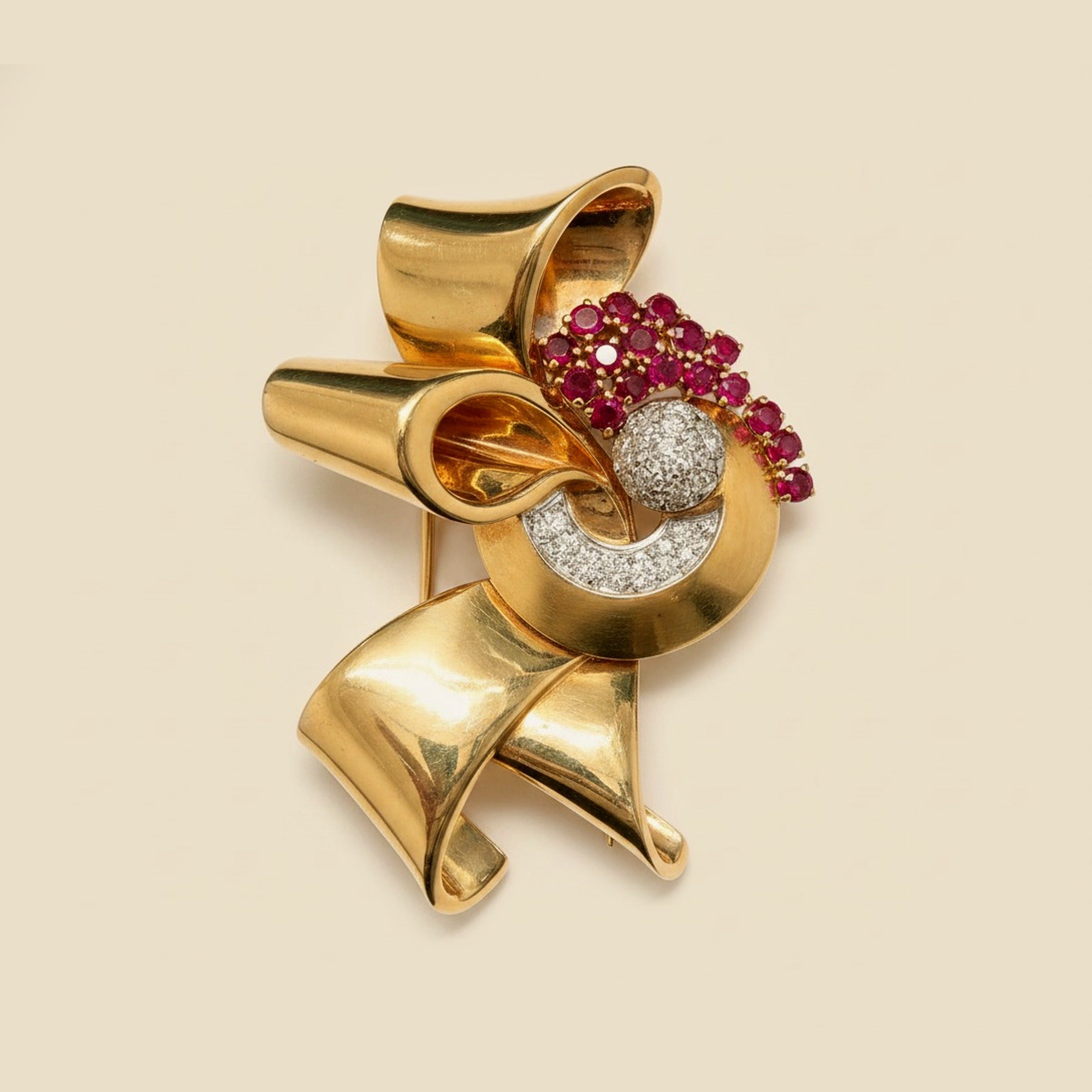 14k Yellow Gold Ruby & Diamond Bow Pin/Brooch