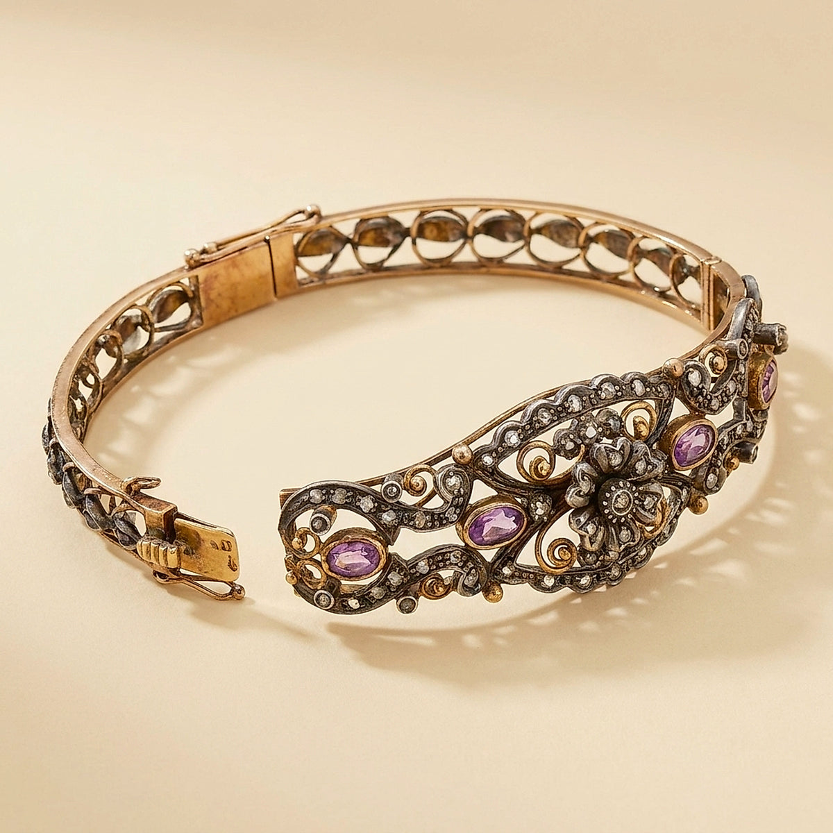 Edwardian Rose Gold & Silver Diamond and Amethyst Bangle Bracelet