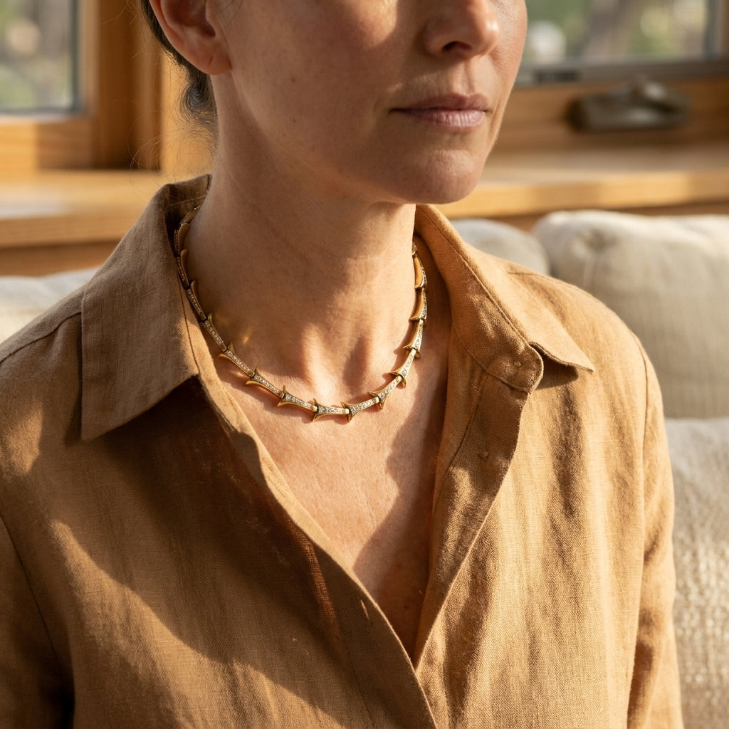 Decorative vintage yellow gold diamond choker worn at an open linen collar, editorial lifestyle photo