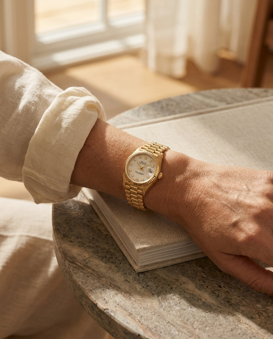 Lady's Rolex Presidents watch in yellow gold worn on a wrist resting on a book, editorial lifestyle photo