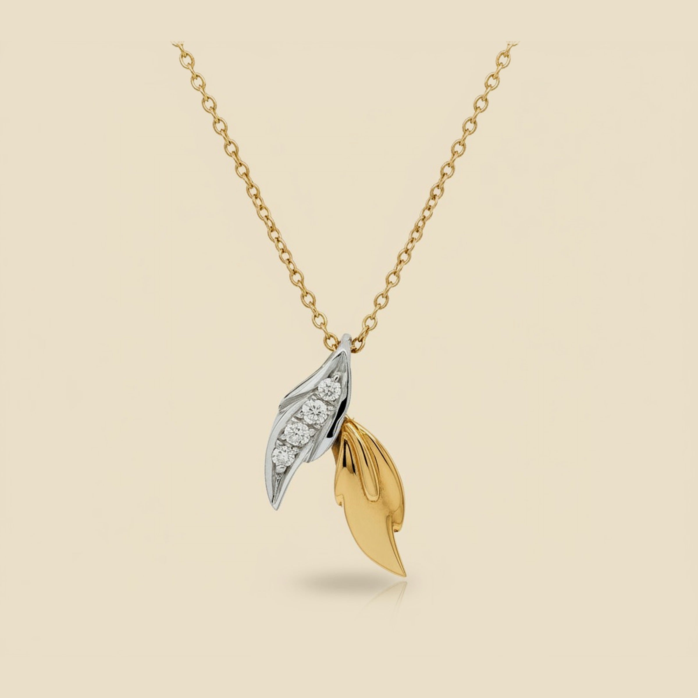 18K 2-Tone Twin Leaf Diamond Pendant Necklace