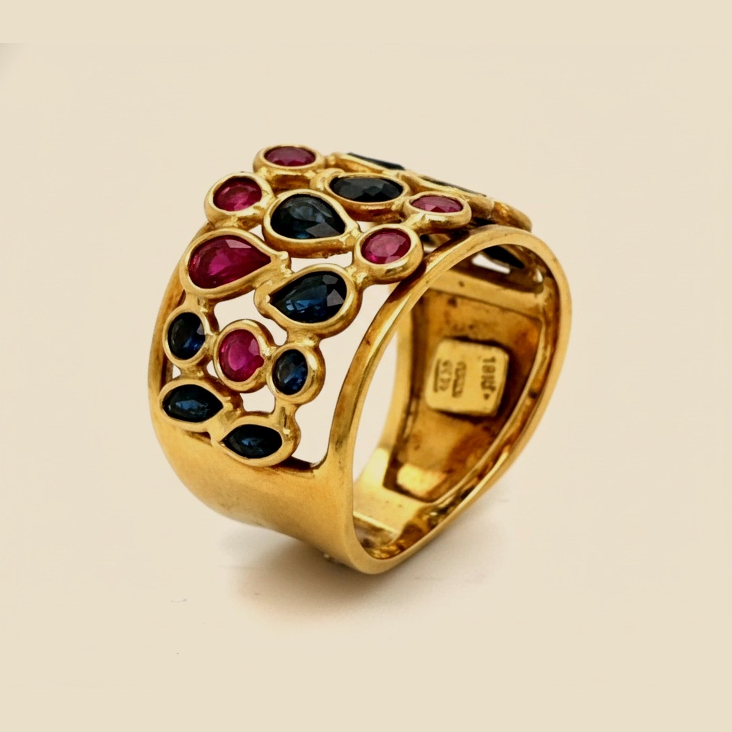 18k Italy Yellow Gold Sapphire/Ruby Band Ring