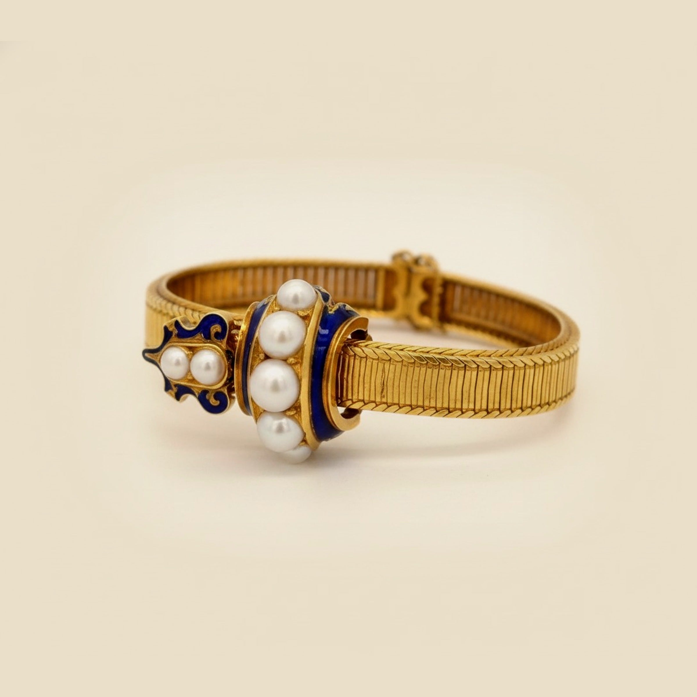 18k Yellow Gold Enamel and Natural Pearl Bracelet