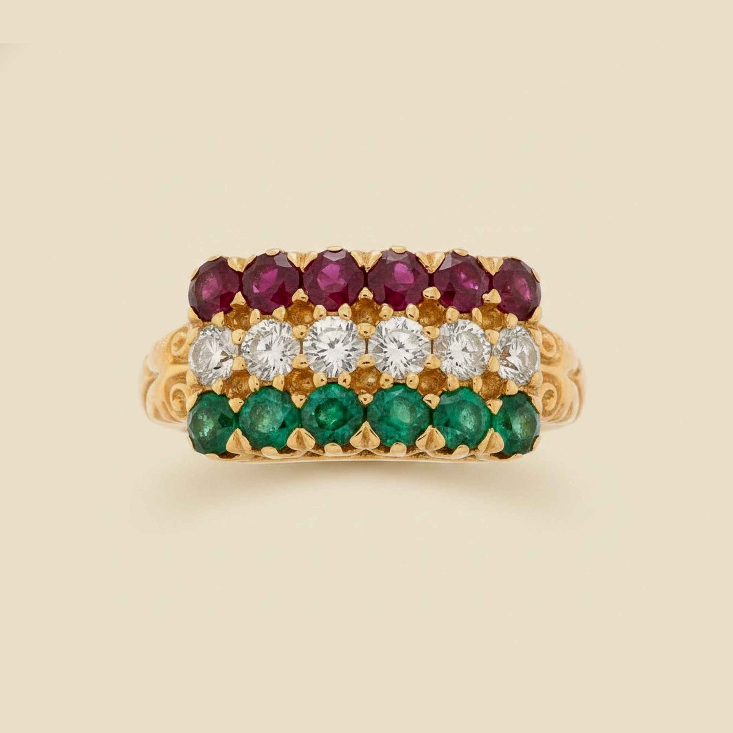 18K Yellow Gold Ruby, Emerald, and Diamond Ring