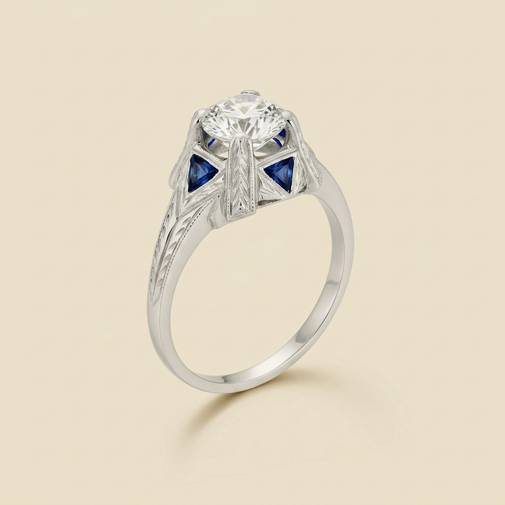 Art Deco 18K White Gold Diamond Engagement Ring - alternate view