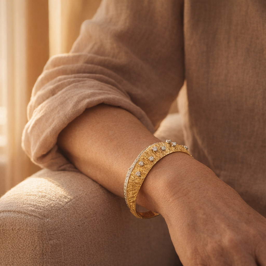 Gilbert Albert, Geneva Switzerland Yellow Gold Diamond Cuff Bracelet