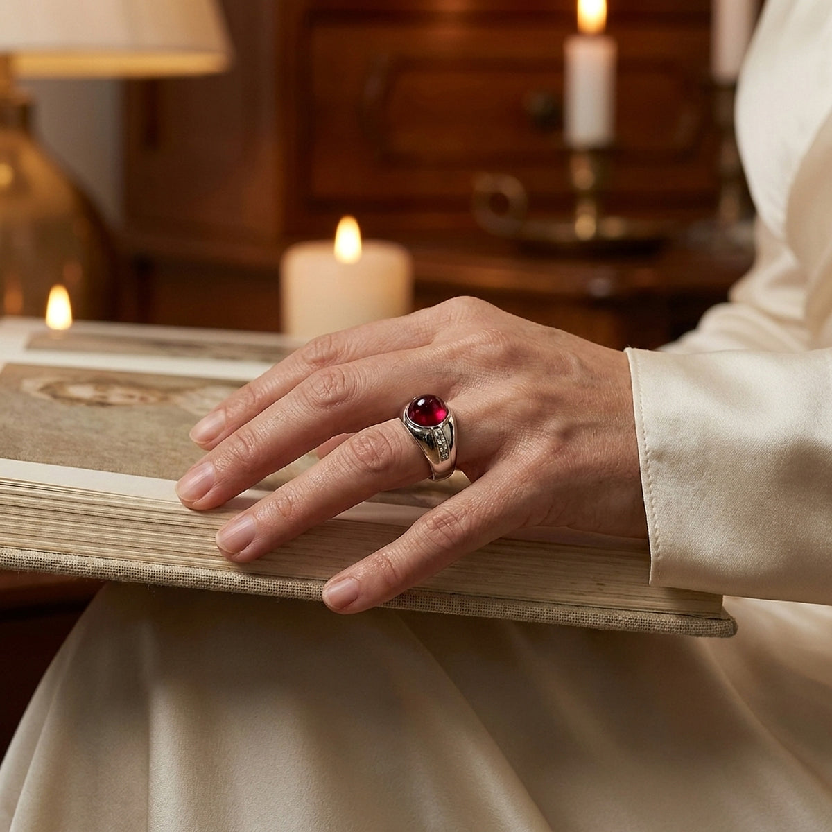 Platinum Cabochon Star Ruby & Diamond Cocktail Ring