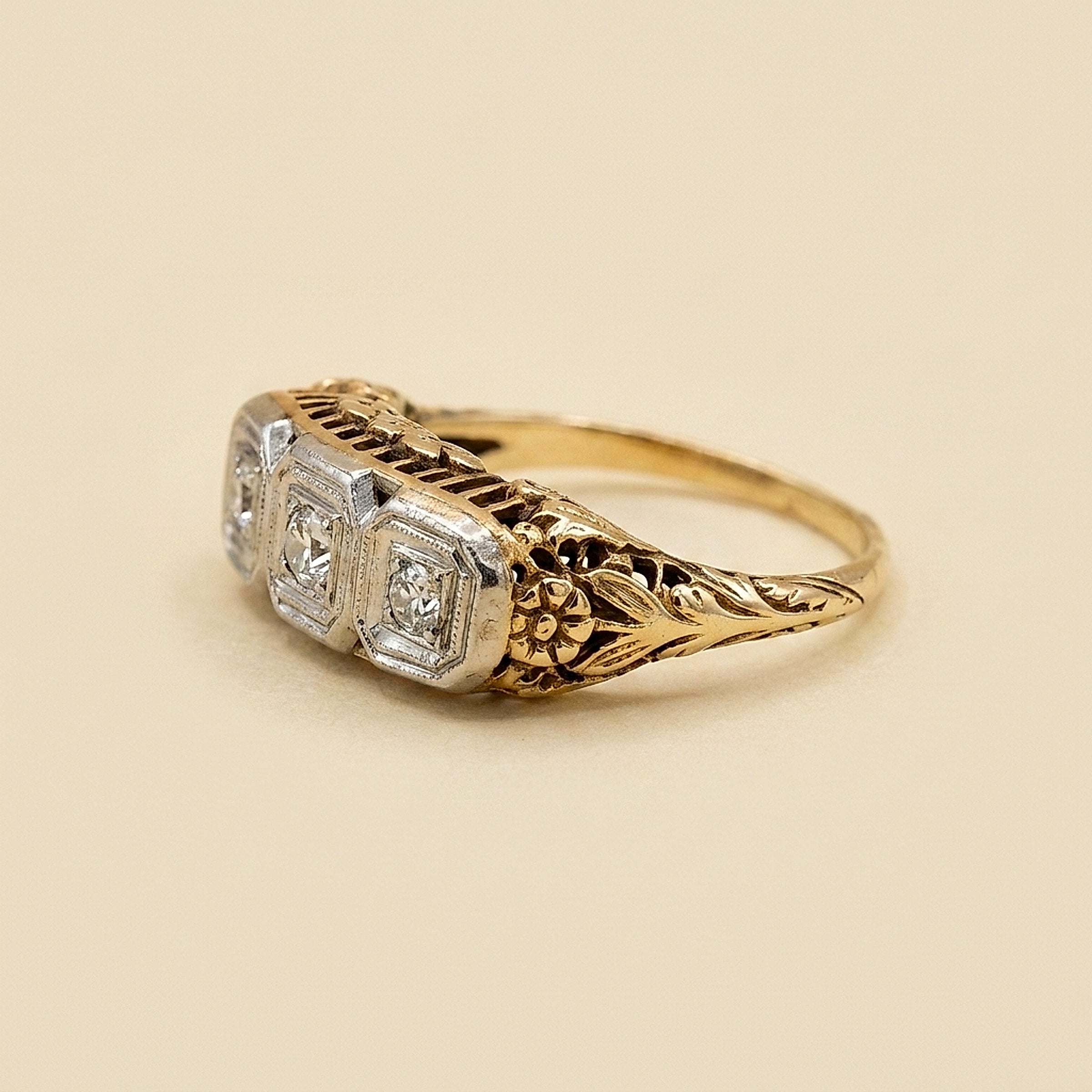 2 Tone 3 Stone Diamond Engagement Ring