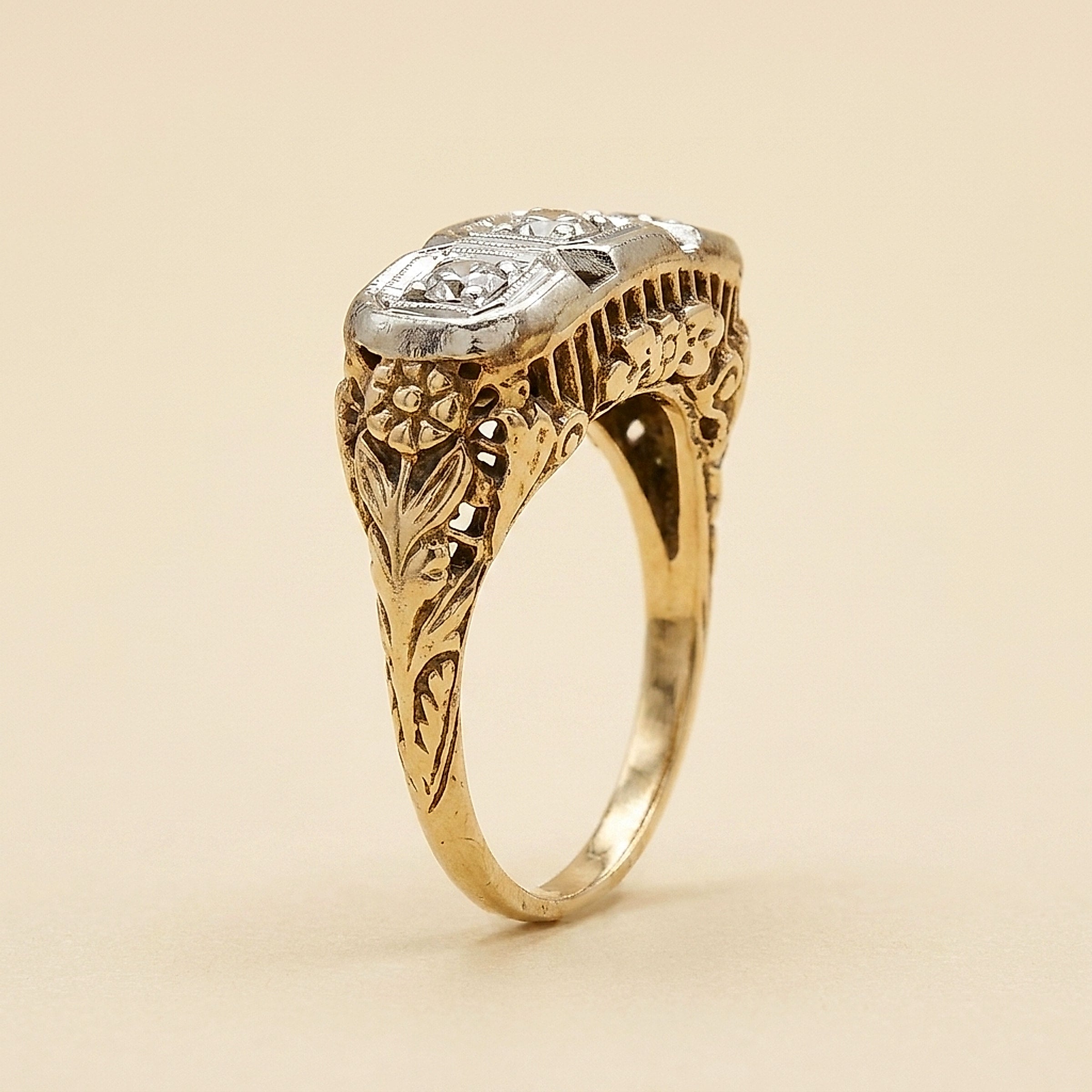 2 Tone 3 Stone Diamond Engagement Ring