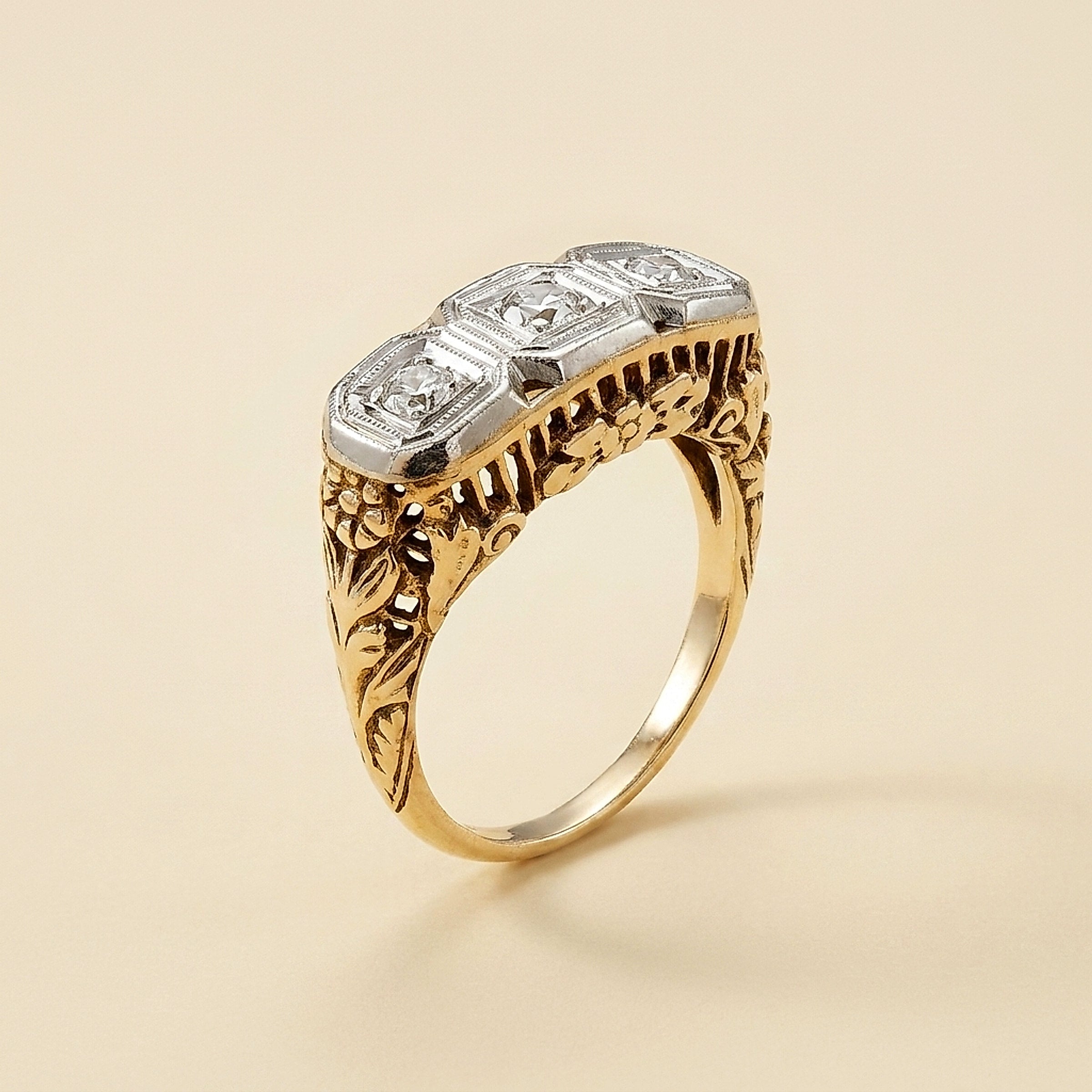 2 Tone 3 Stone Diamond Engagement Ring