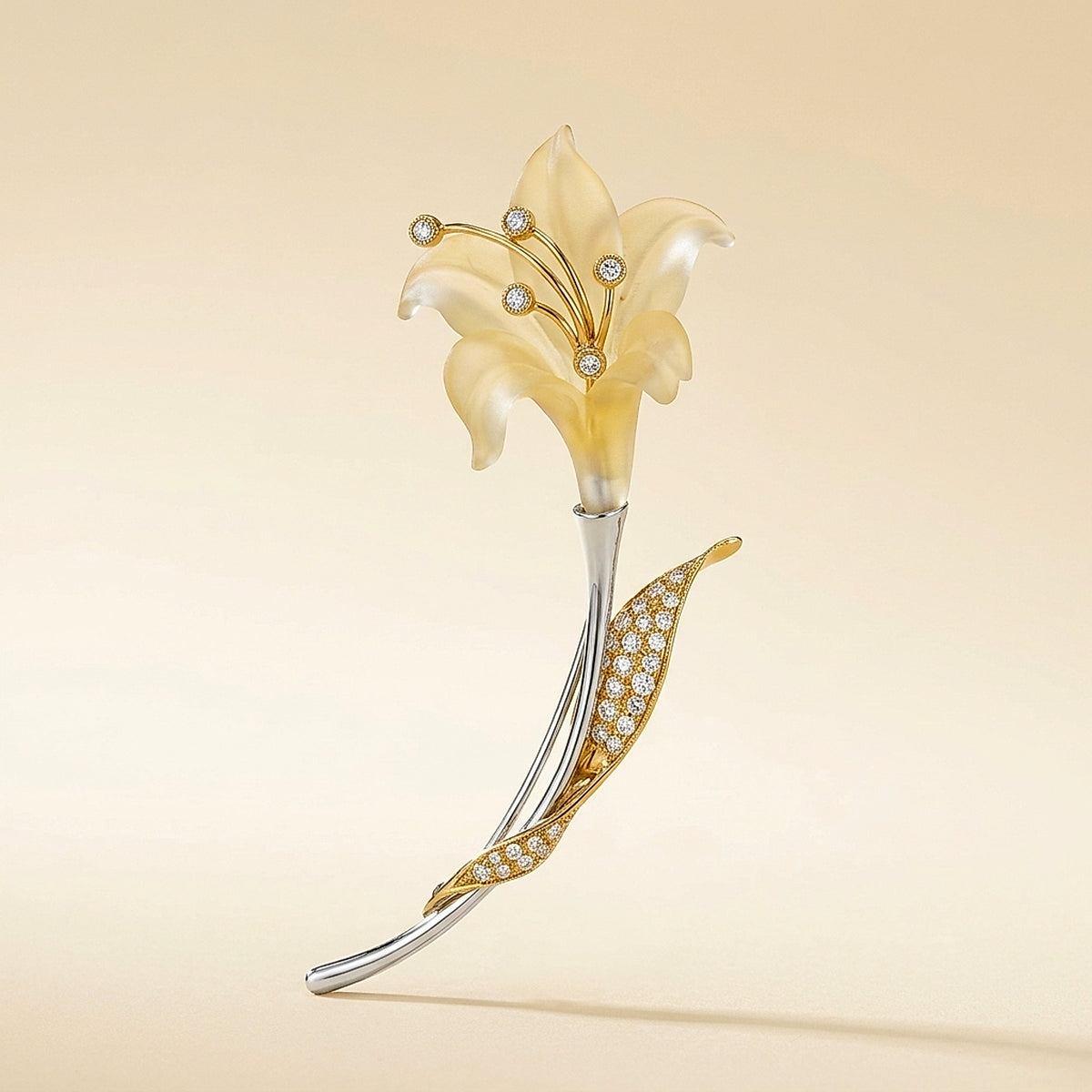Yellow Gold & Platinum Quartz Crystal Flower Pin