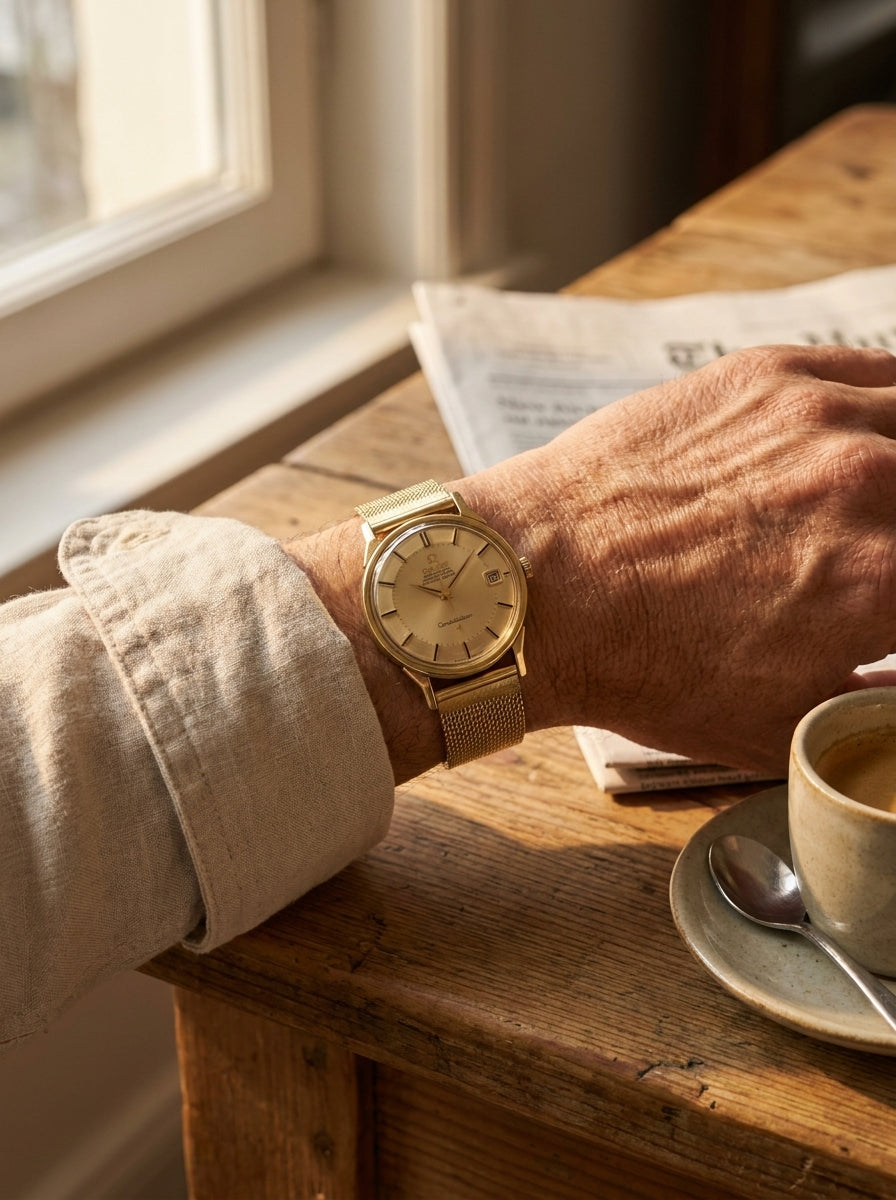 Omega Constellation chronometer watch worn on a wrist at a wood table, editorial lifestyle photo
