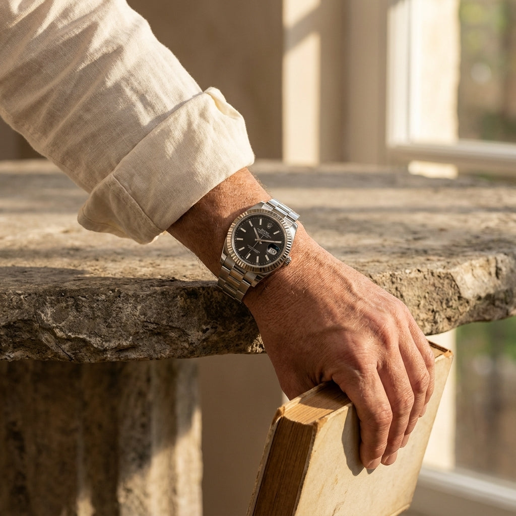 Rolex Oyster Perpetual Datejust 41mm worn on a wrist holding a book, editorial lifestyle photo
