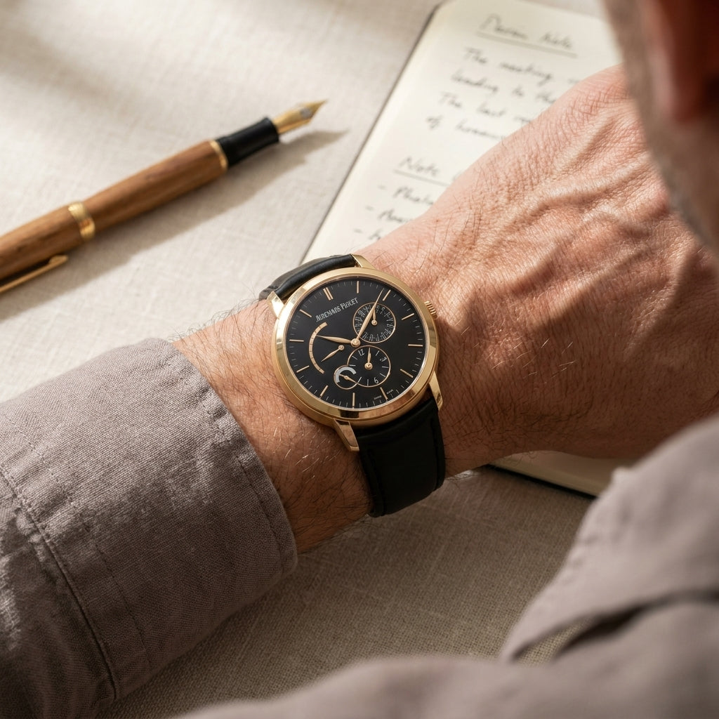 Audemars Piguet Jules Audemars dual time watch worn on a wrist at a desk, editorial lifestyle photo