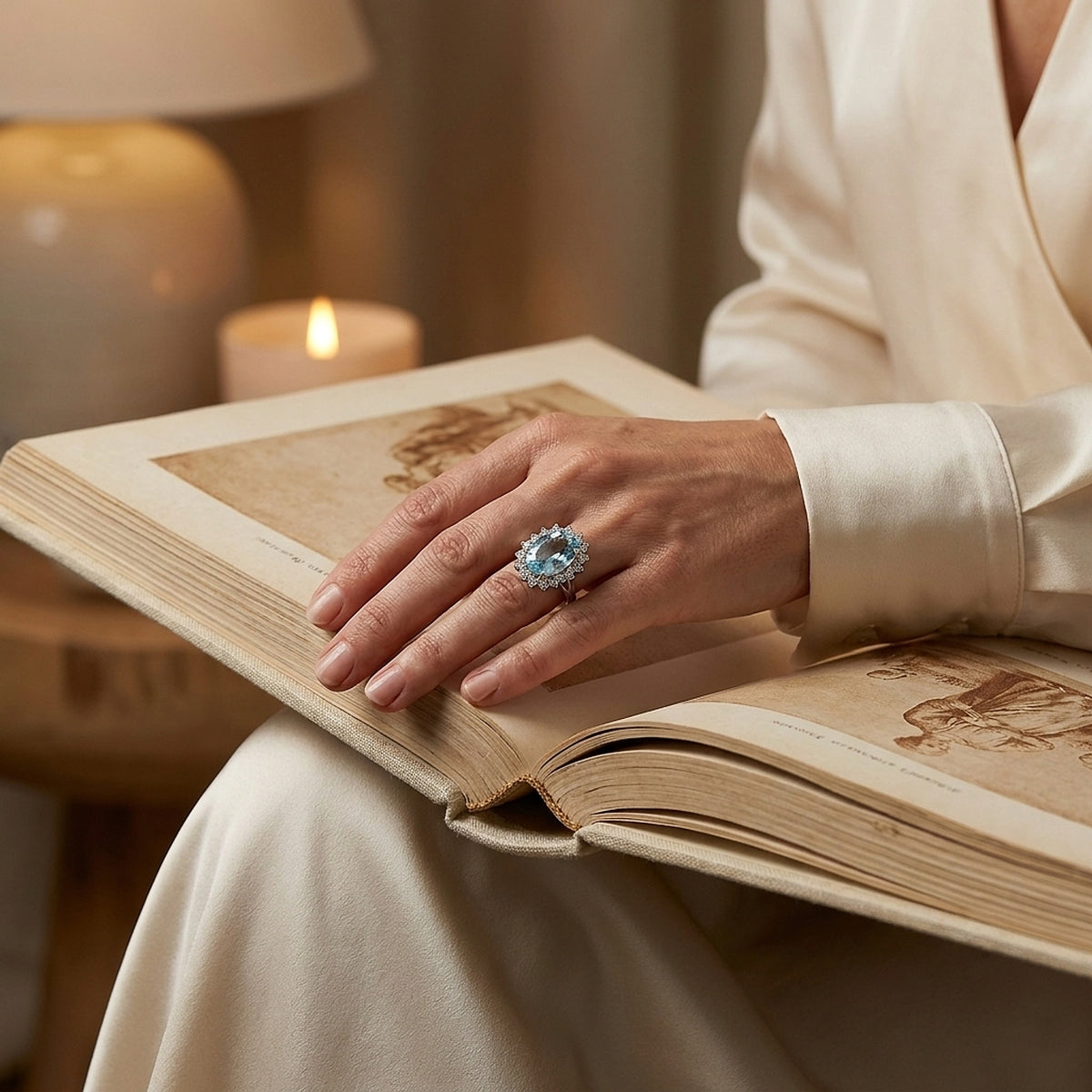 White Gold Blue Topaz and Diamond Cocktail Ring