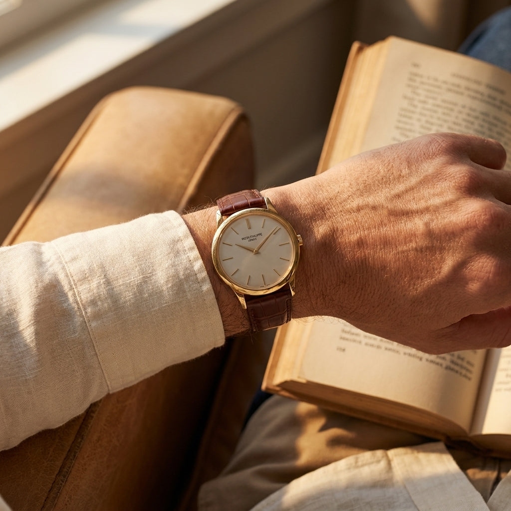 Patek Philippe yellow gold Calatrava 2593 worn on a wrist in a reading chair, editorial lifestyle photo