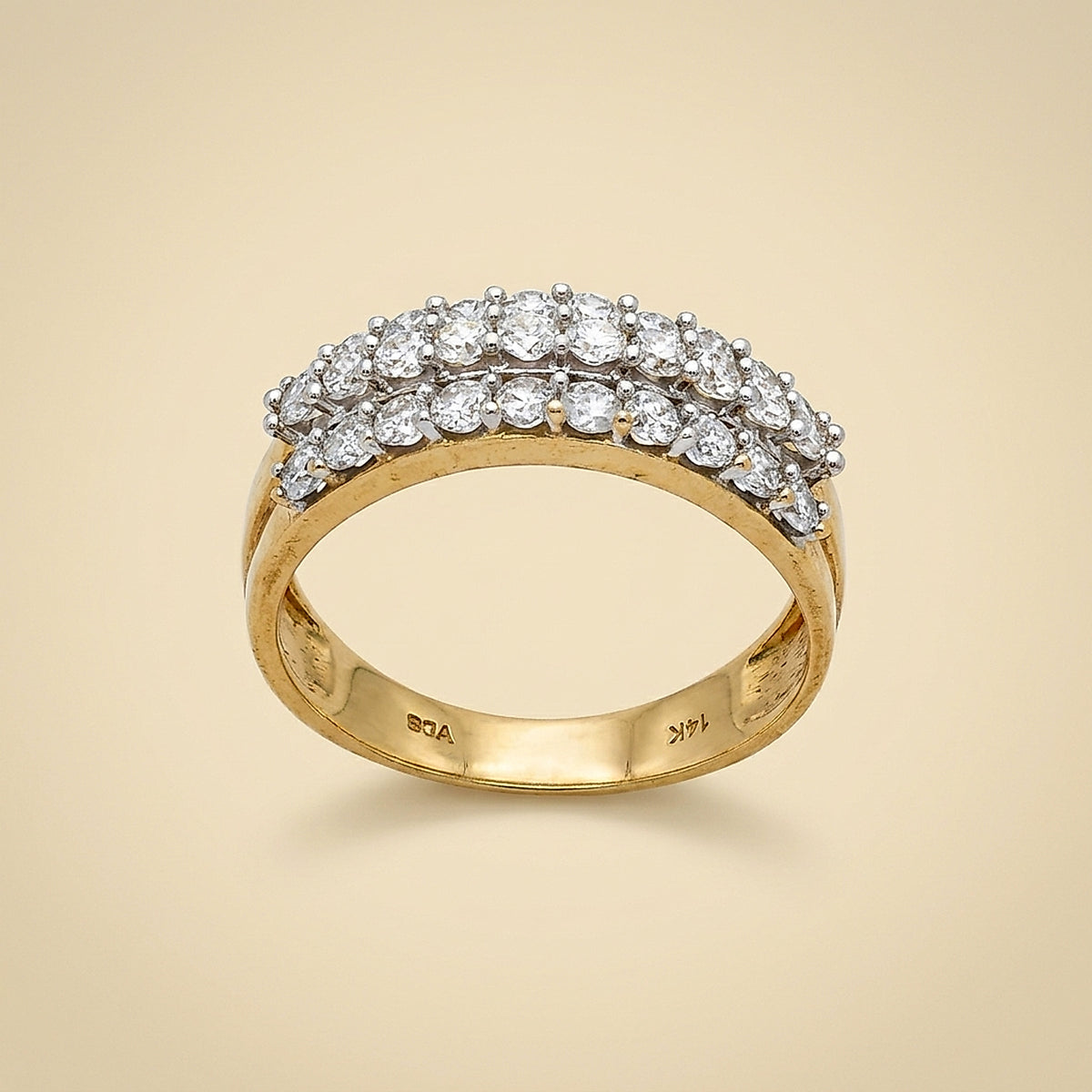 Yellow Gold with White Gold Prongs 3 Row Diamond Band