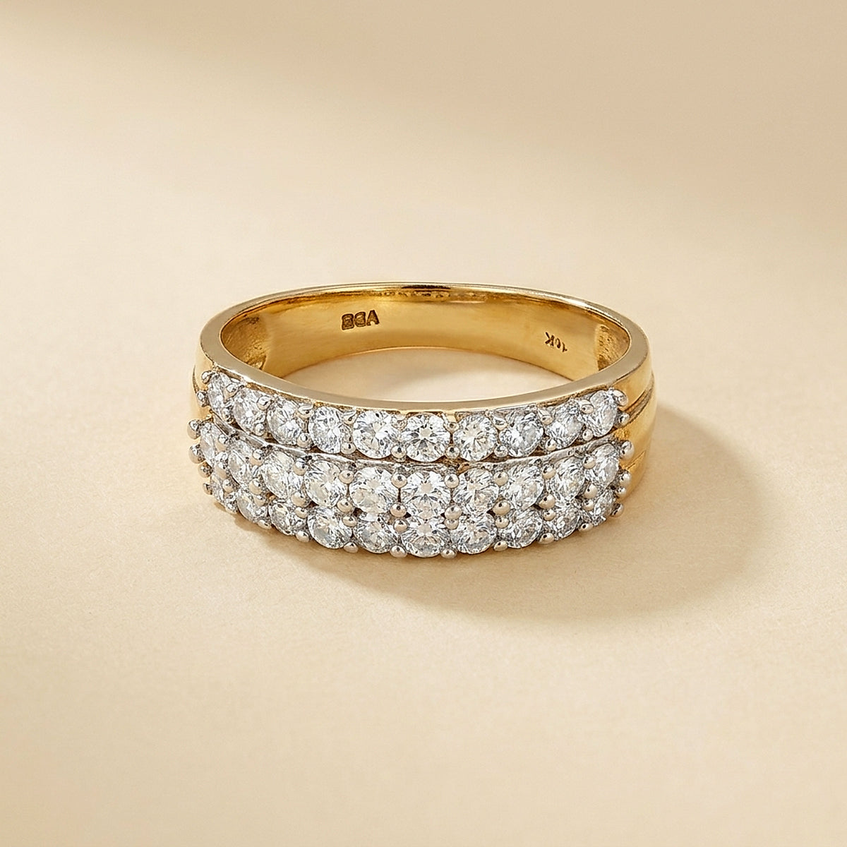 Yellow Gold with White Gold Prongs 3 Row Diamond Band