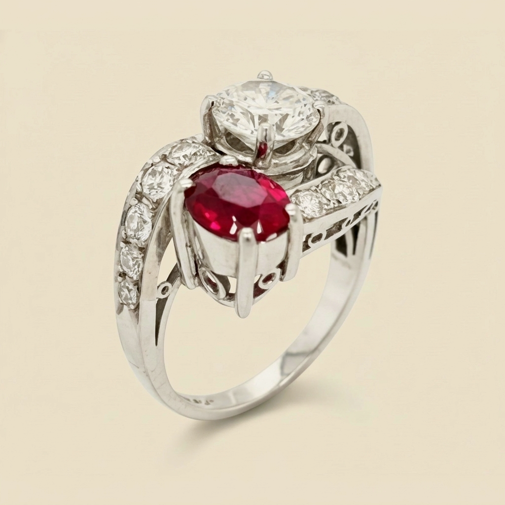 Art Deco Diamond & Ruby Cocktail Ring - alternate view