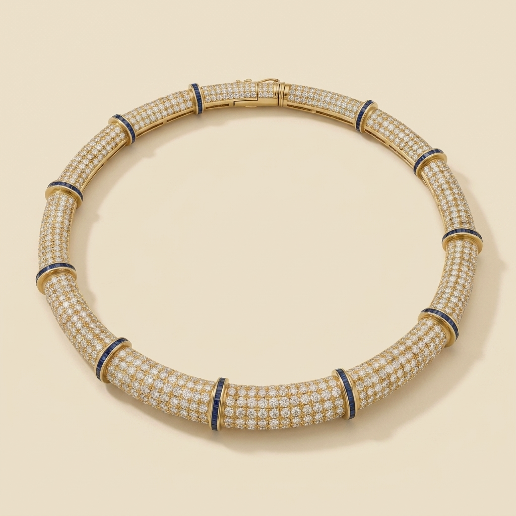 Yellow Gold Diamond & Sapphire Choker Necklace - alternate view