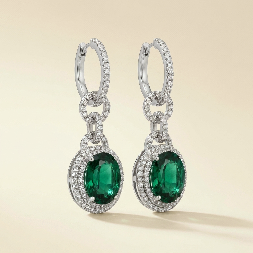 Platinum Emerald and Diamond Drop Earrings - alternate view