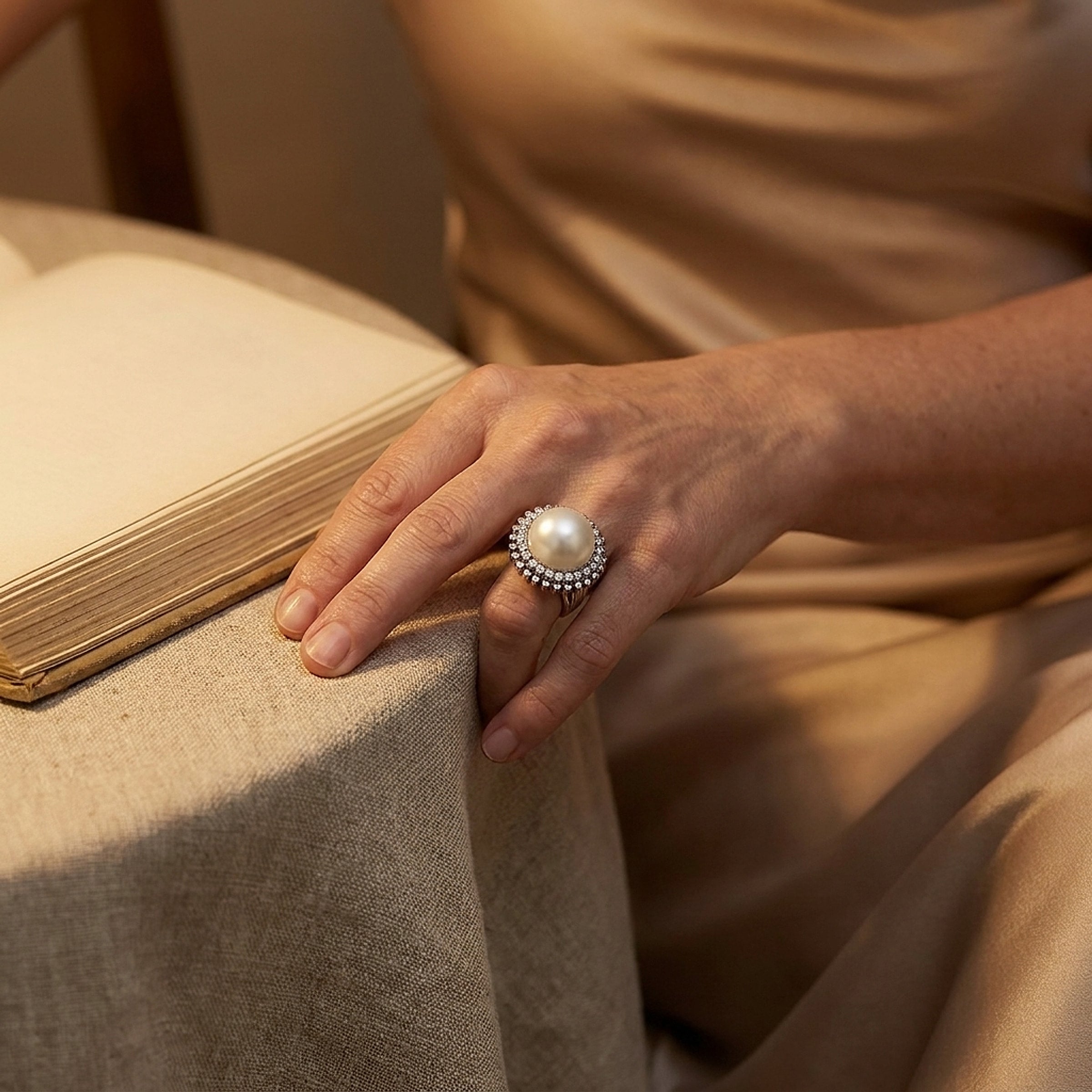 White Gold Mabe Pearl and Diamond Cocktail Ring