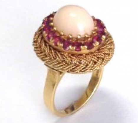 Pink Coral & Ruby Cluster Basket Weave Ring – Empire Diamond – view 2