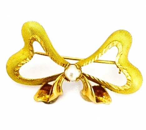 Yellow Gold Bow Pin with Cultured Pearl – Empire Diamond