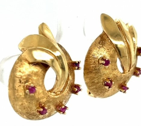Yellow Gold Florentine Finish Ruby Ear Clips – Empire Diamond – view 2