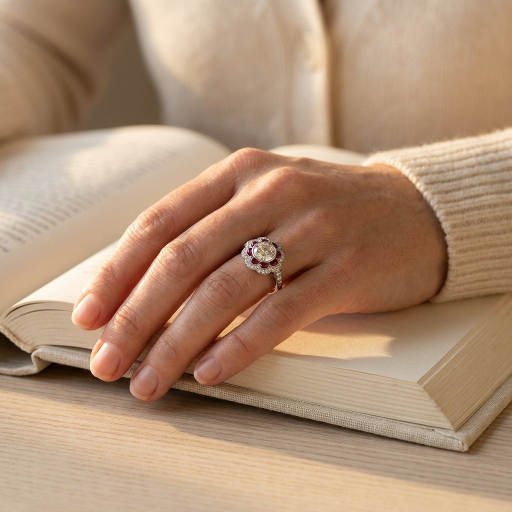 Art Deco Platinum Diamond & Ruby Engagement Ring - editorial