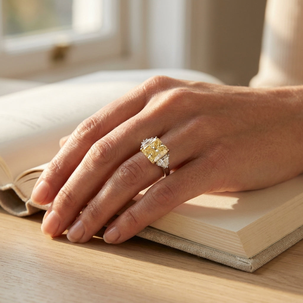 Fancy Yellow 3 Stone Engagement Ring - editorial