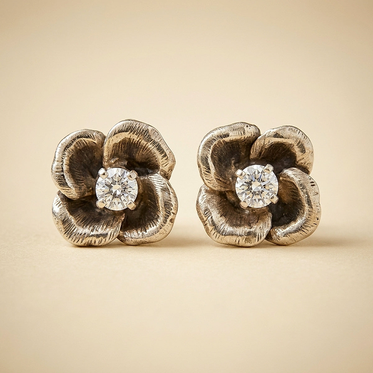 9K White Gold Diamond Flower Earrings and Matching Necklace Set