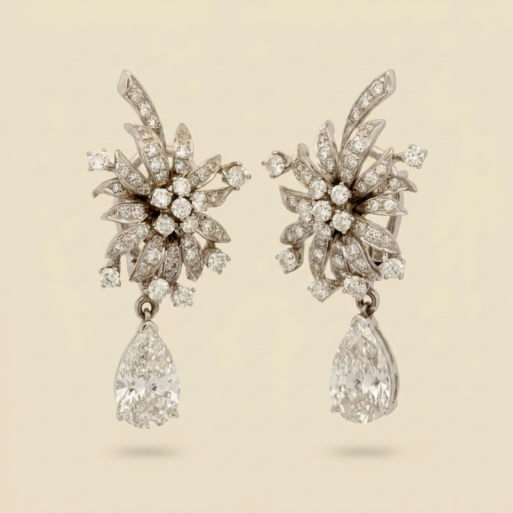 Diamond Cluster Pear Shape Drop Earrings - alternate view