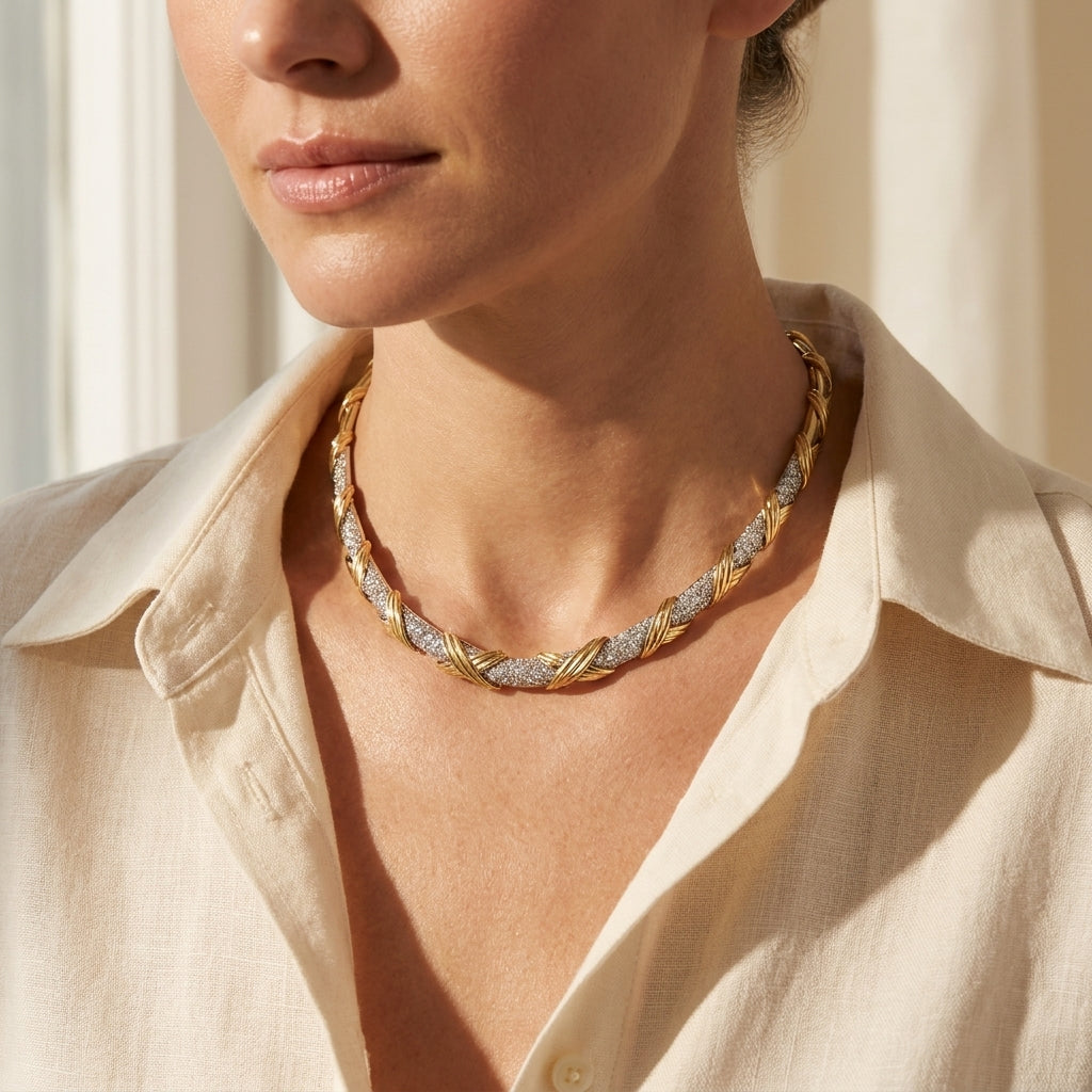 Fancy Graduated X Bar & Pave Diamond Choker Necklace - editorial