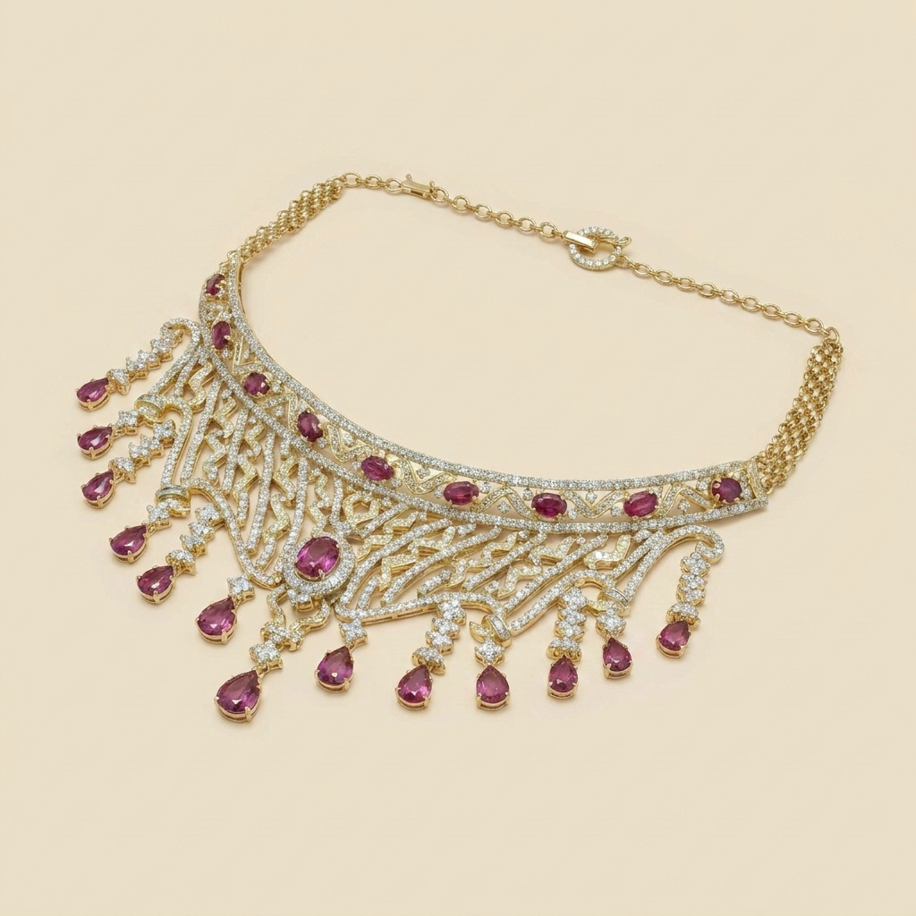 Stunning Yellow Gold Diamond & Rubellite Necklace - alternate view