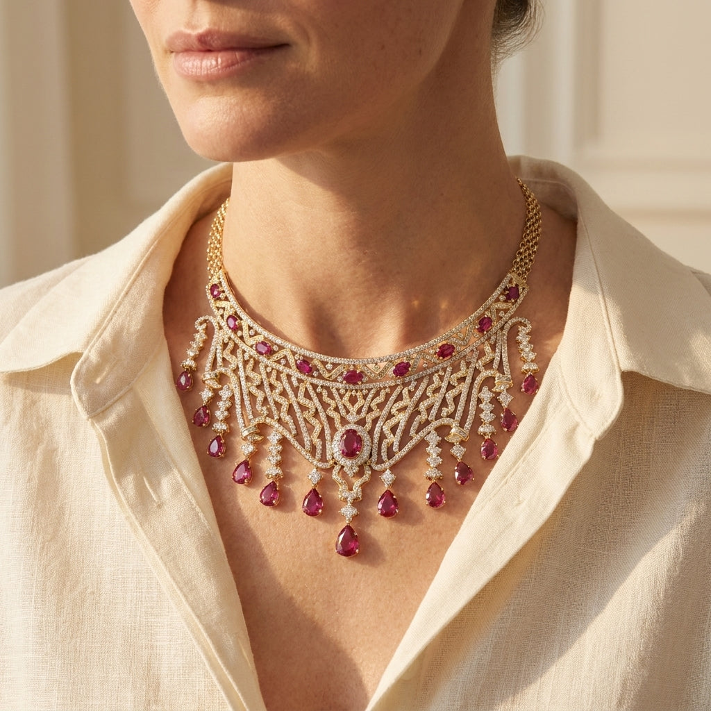 Stunning Yellow Gold Diamond & Rubellite Necklace - editorial
