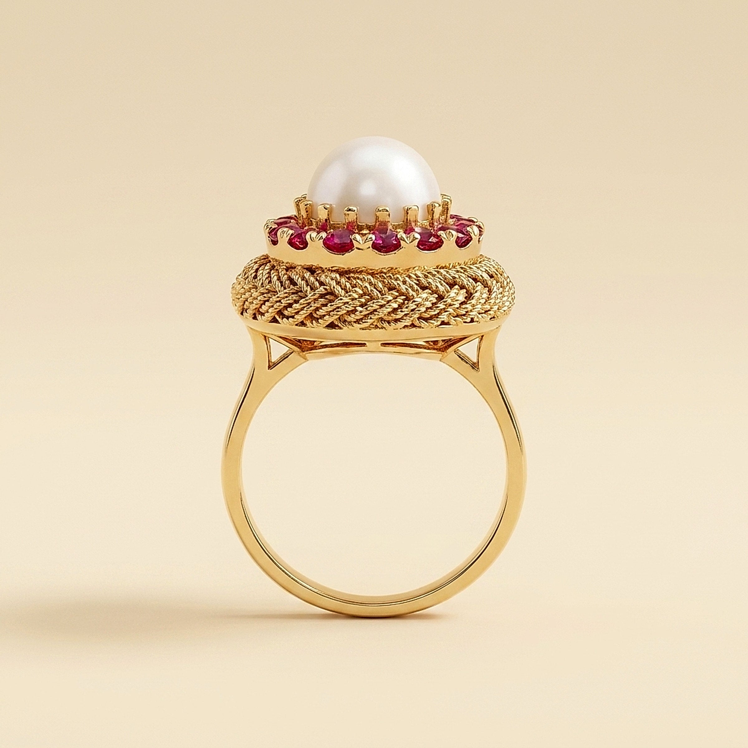 Pink Coral & Ruby Cluster Basket Weave Ring