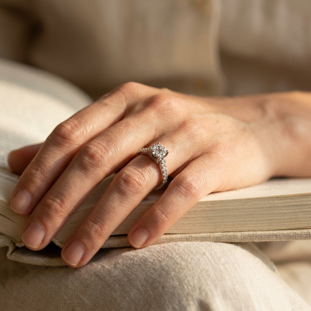 White Gold Diamond Cluster Engagement Ring - editorial