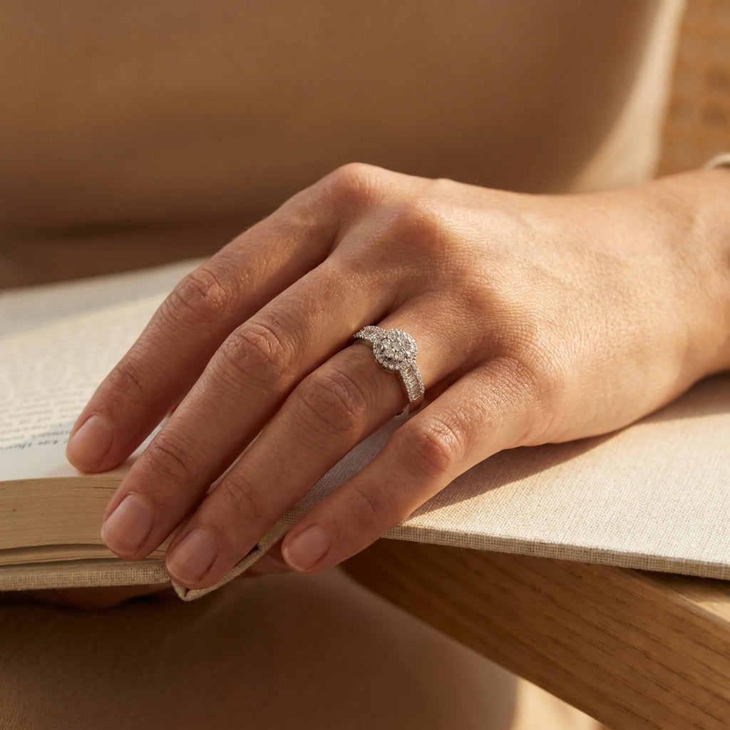 White Gold Diamond Cluster Engagement Ring - editorial