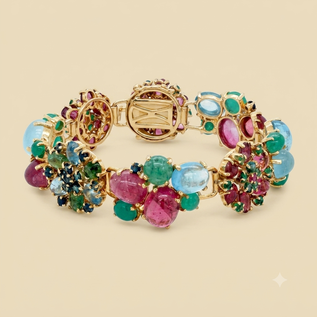 14k Yellow Gold Multicolor Cabochon Gemstone Bracelet
