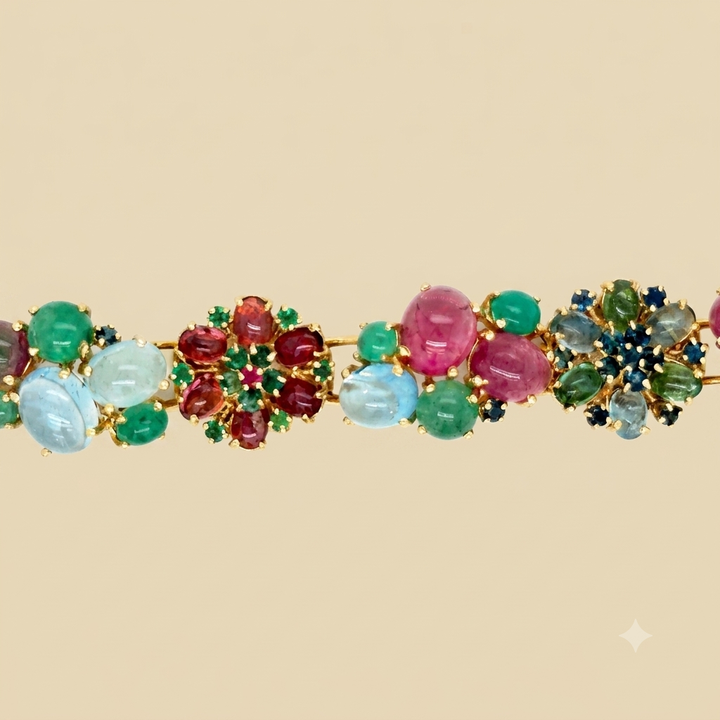 14k Yellow Gold Multicolor Cabochon Gemstone Bracelet
