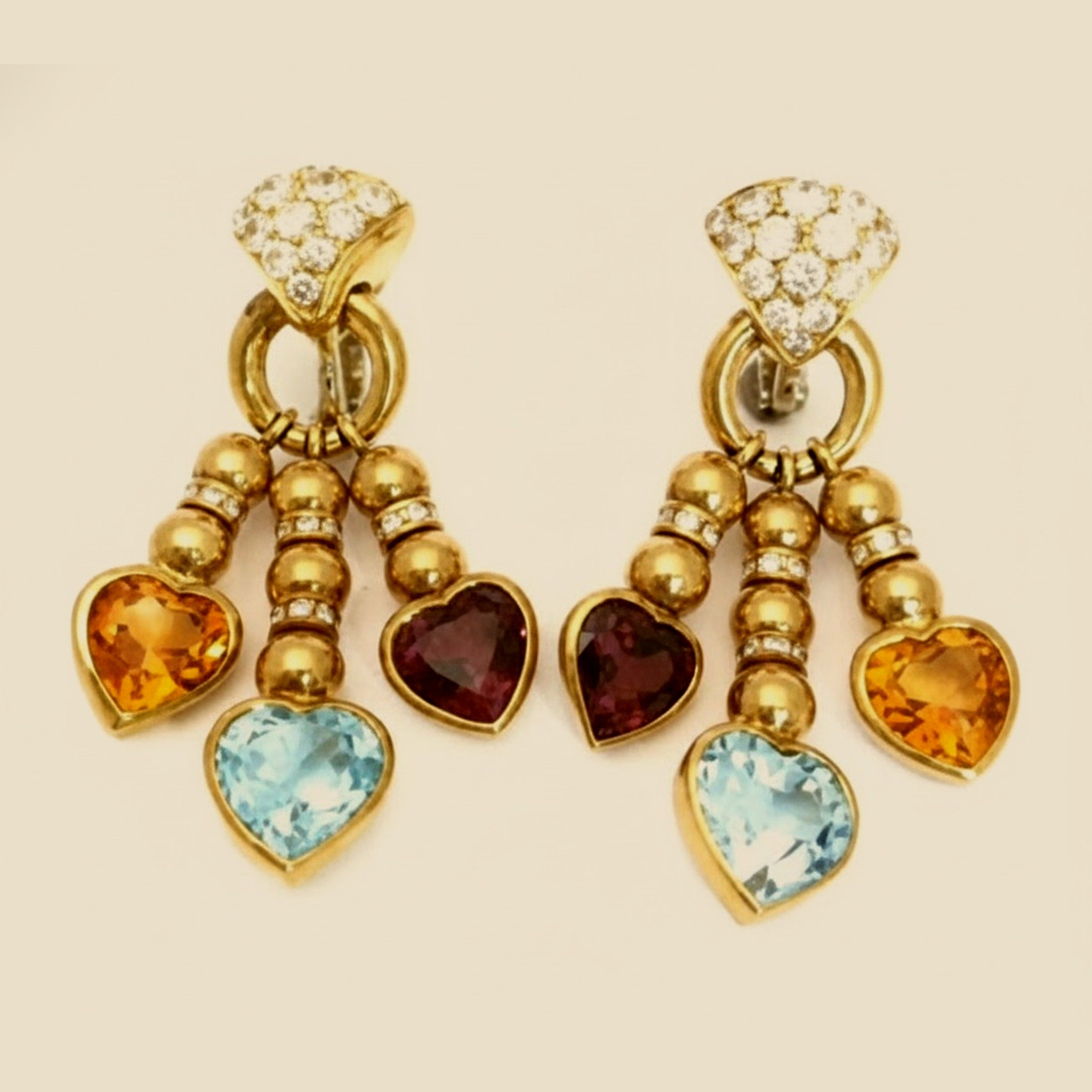 Yellow Gold Diamond & Colored Stone Hearts Hanging Earrings