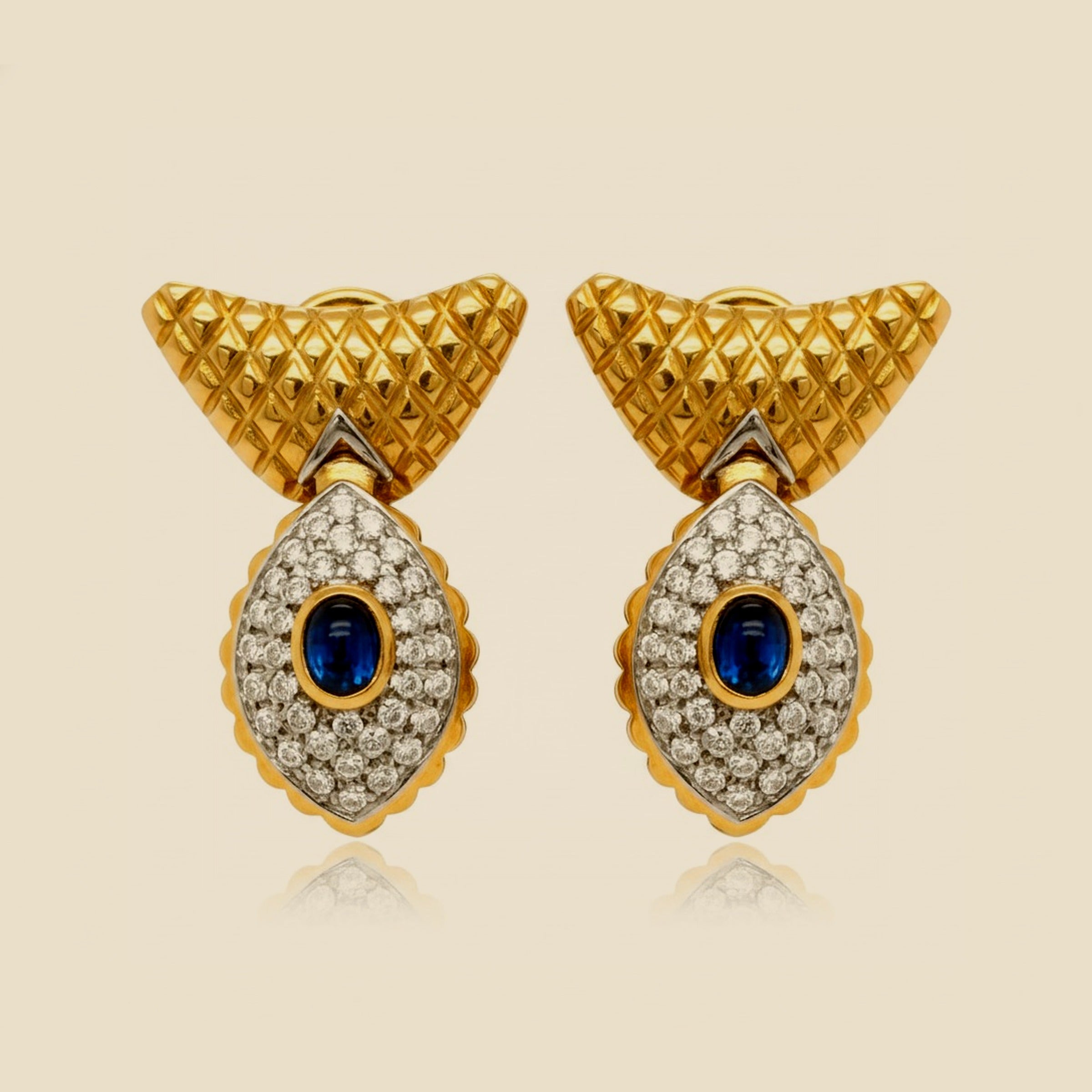 Two-Tone 18K Diamond & Cabochon Sapphire Clip Earrings