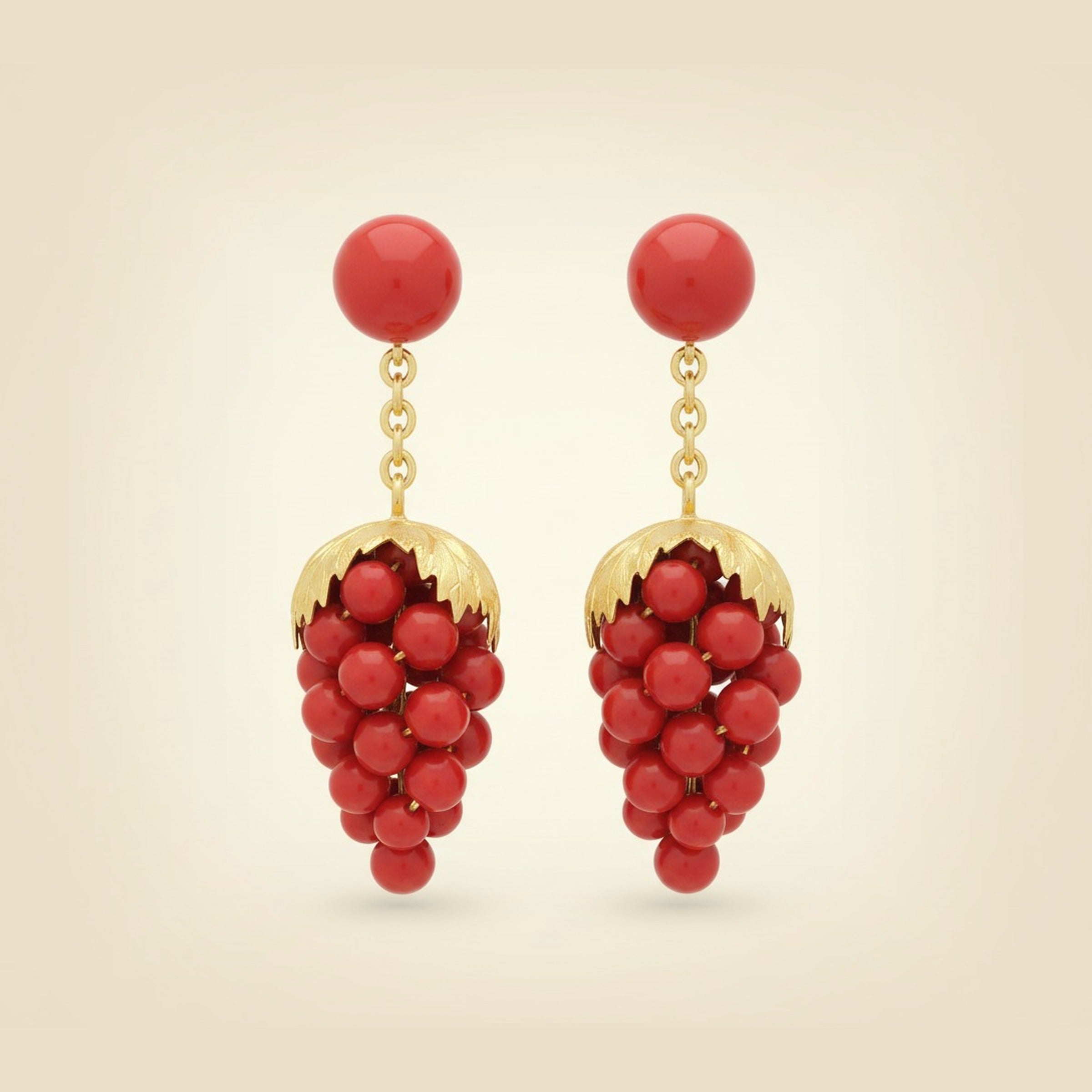 Spritzer & Fuhrmann Yellow Gold Red Grape Coral Hanging Earrings