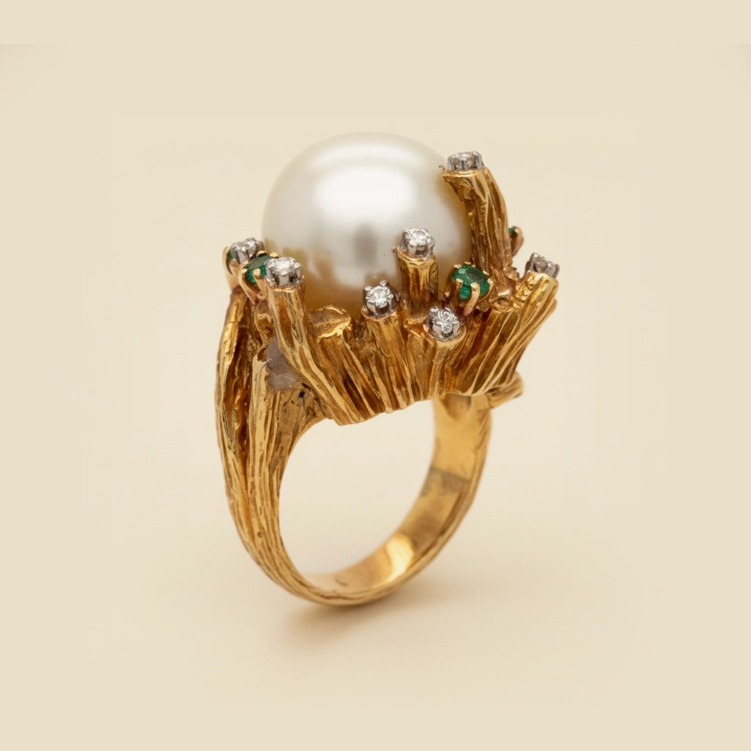 18K Baroque South Sea Pearl Diamond & Emerald Tree Branch Ring