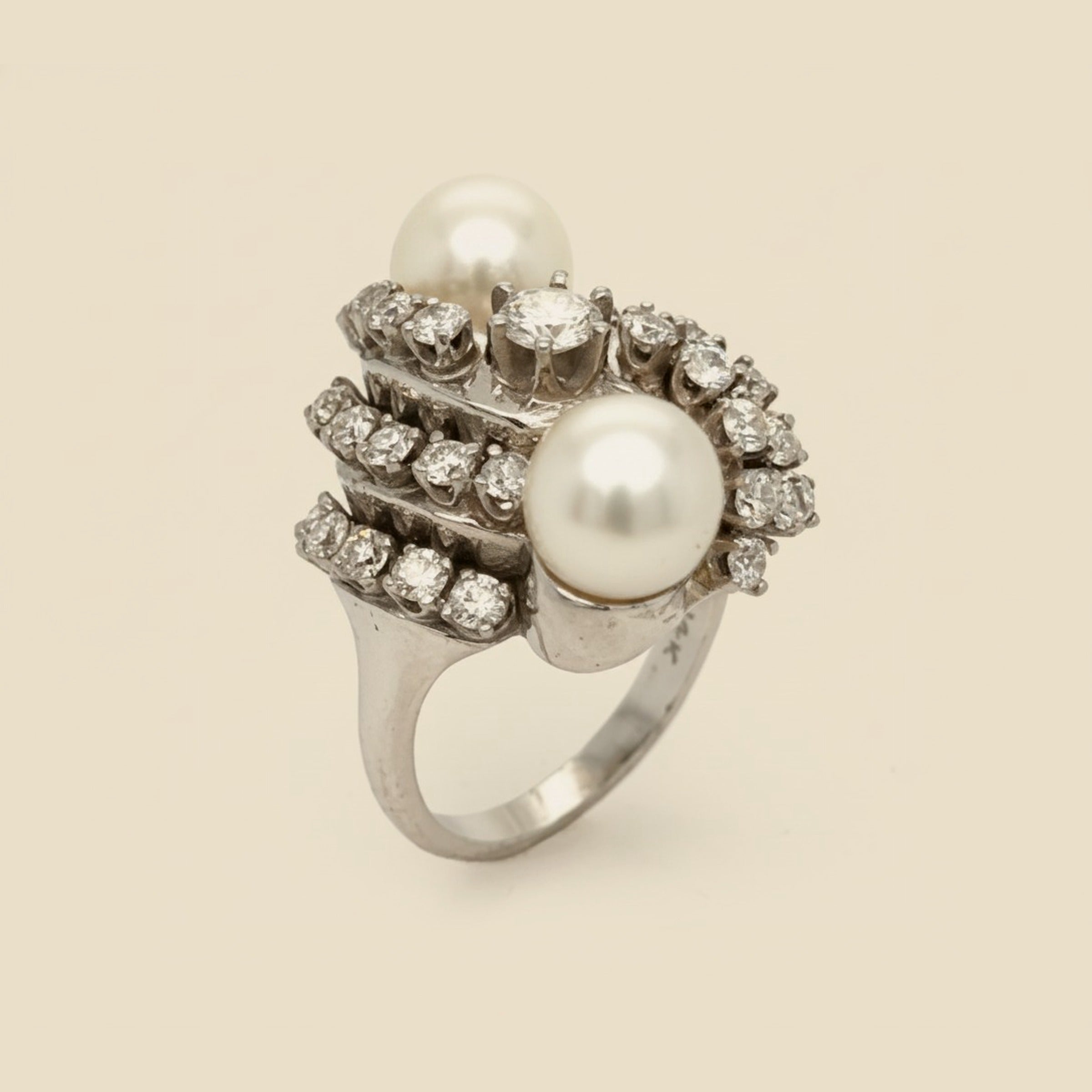 White Gold Twin Pearl & Diamond Cluster Cocktail Ring