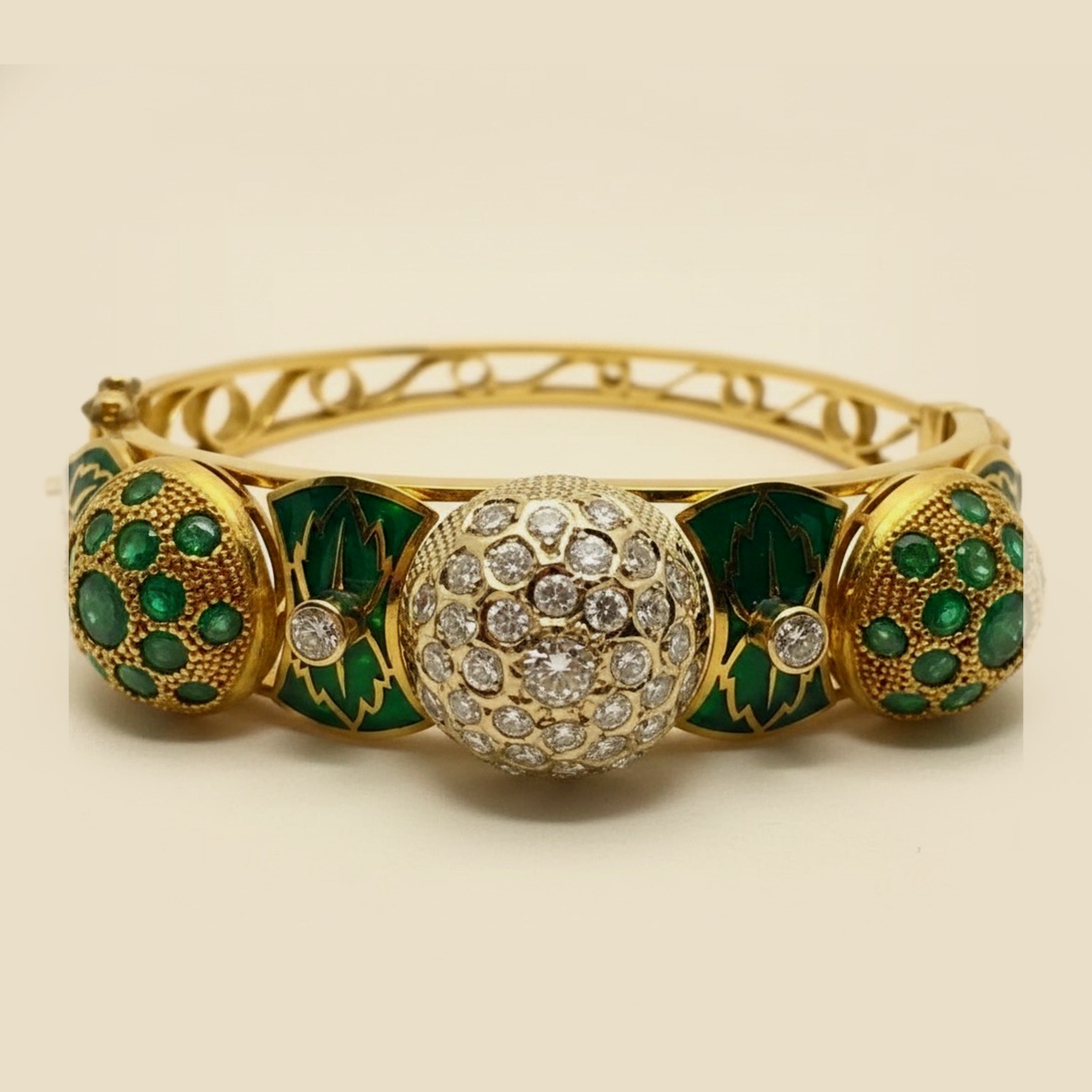 Domed Emerald Diamond & Green Enameled Bangle Bracelet